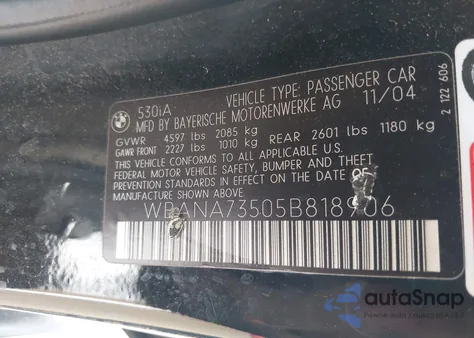 2005 BMW 530I из США, поврежденный, VIN WBANA73505B818906